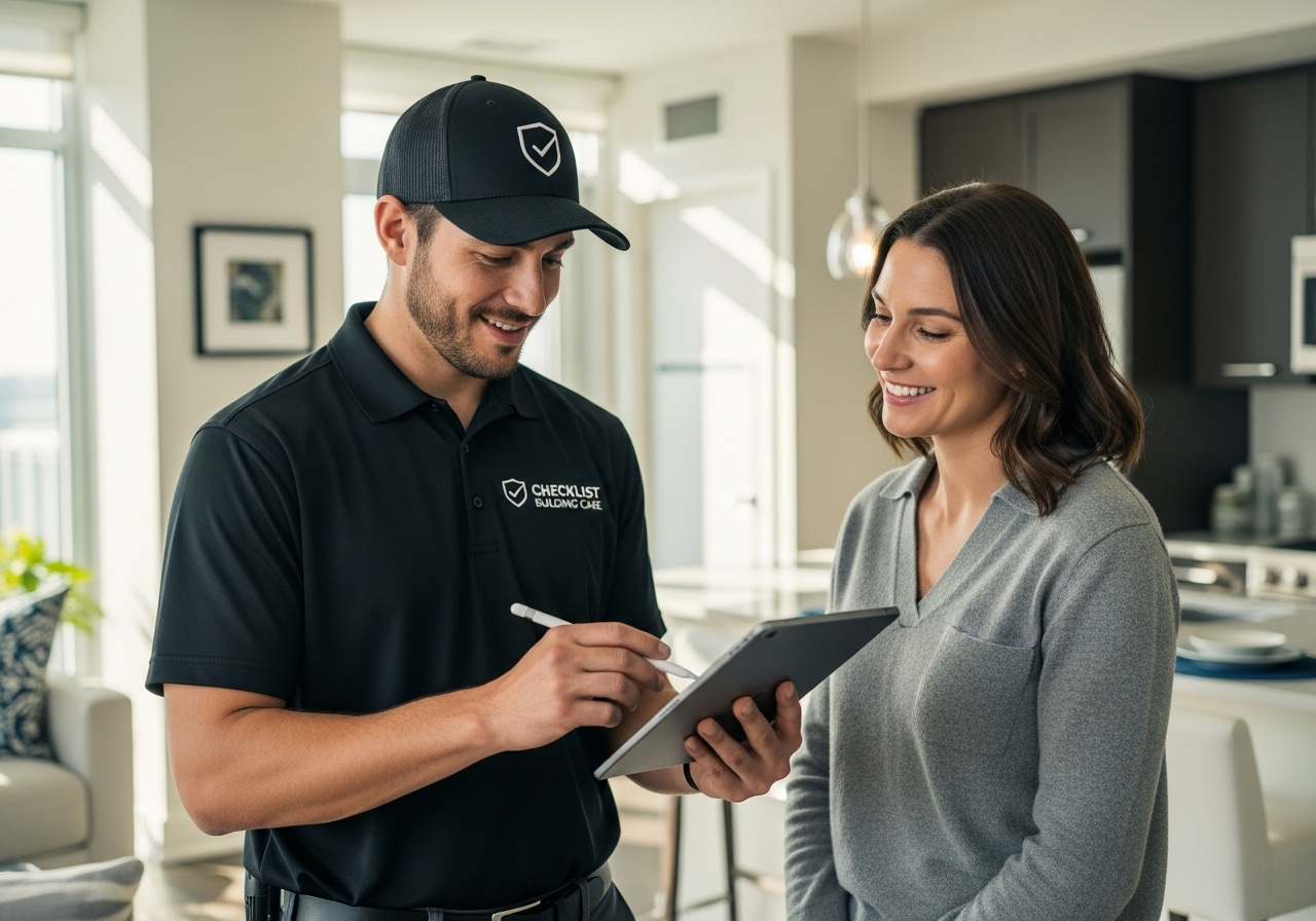 Checklist technician with resident reviewing maintenance checklist on iPad